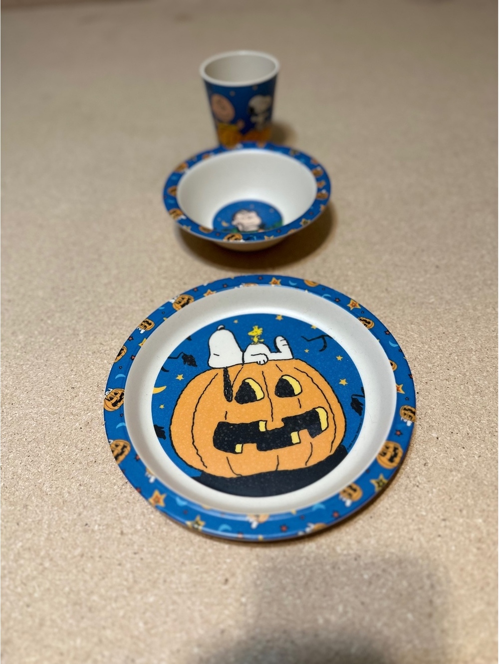 Peanuts Snoopy Halloween Pumpkin 3 Piece Kids Dinnerware Plate Bowl Cup Set